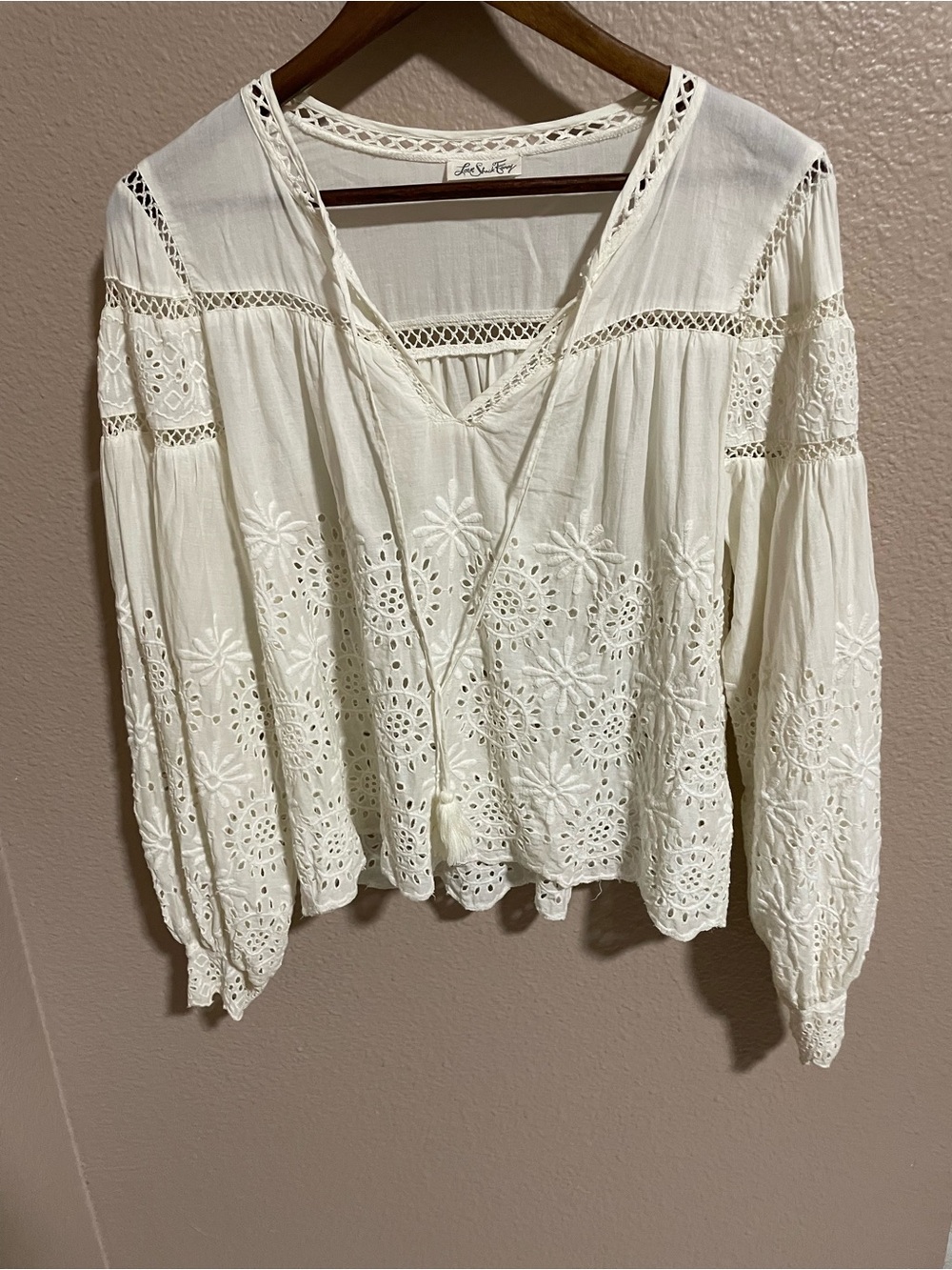 LoveShackFancy Cream Eyelet Peasant Blouse